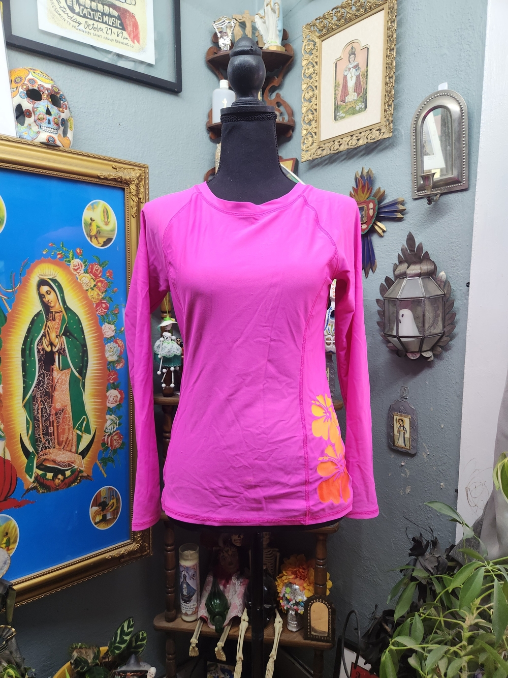 adidas Pink Long-Sleeve Performance Tee with Orange Floral Accent